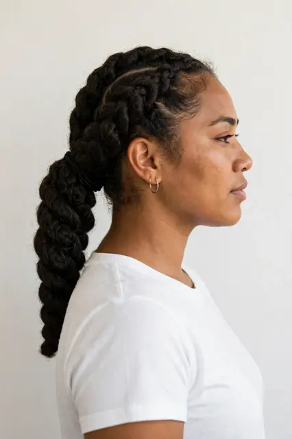 Profile view portrait of a Pacific Islander woman with jumbo braided low ponytail wearing a white top against a plain light
