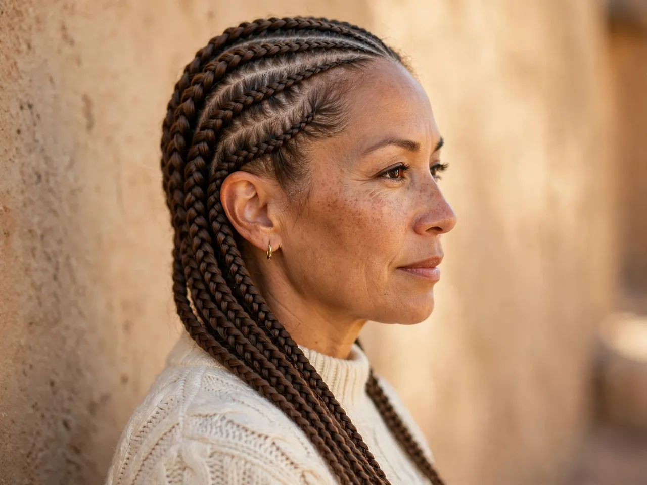 Profile of a mixed-race woman in her forties with lemonade braids, wearing a cream knit sweater against a warm plaster wall