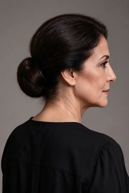 Profile view of a Middle Eastern woman in her fifties with a polished low chignon, wearing a black blouse against a warm