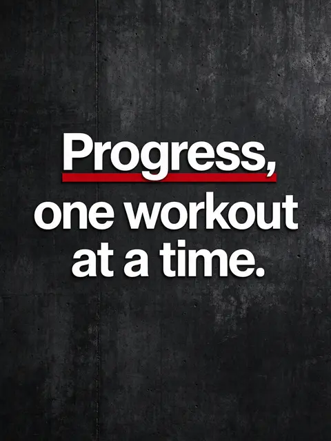 Bold white text reading "Progress, one workout at a time." with a red underline on a dark textured concrete wall.
