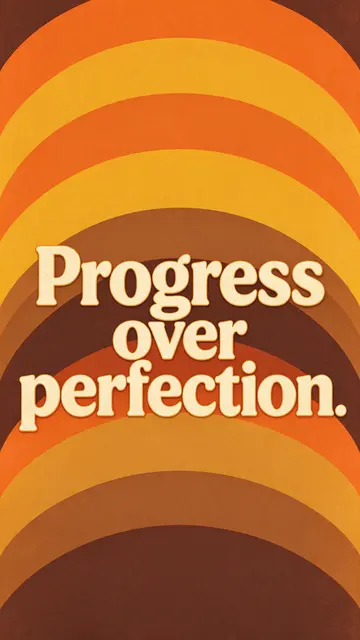 Retro 1970s curved stripe wallpaper with cream text reading "Progress over perfection."