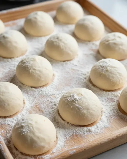 Rounded floured pizza dough balls rest on a wooden tray rising before baking