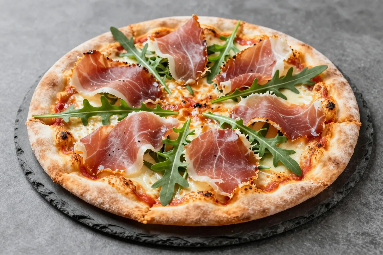 Thin crust pizza topped with prosciutto and arugula sits on a round slate platter over gray stone.