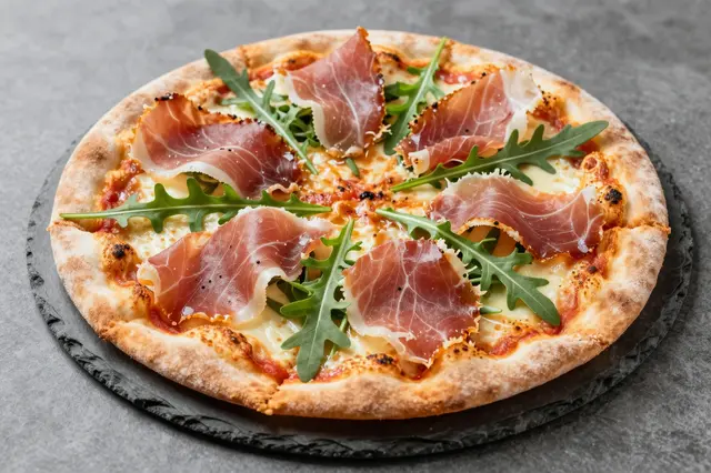 Thin crust pizza topped with prosciutto and arugula sits on a round slate platter over gray stone.