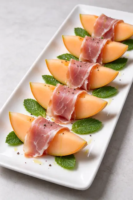 Prosciutto-wrapped cantaloupe wedges arranged on a white platter with mint, pepper, and olive oil drizzle.