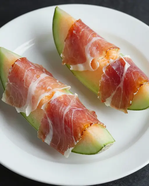 Two melon wedges wrapped in cured prosciutto sit on a round white ceramic plate.