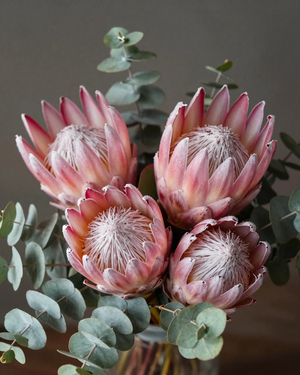 A close-up of a bouquet of pink protea flowers paired with silvery eucalyptus leaves against a muted gray background