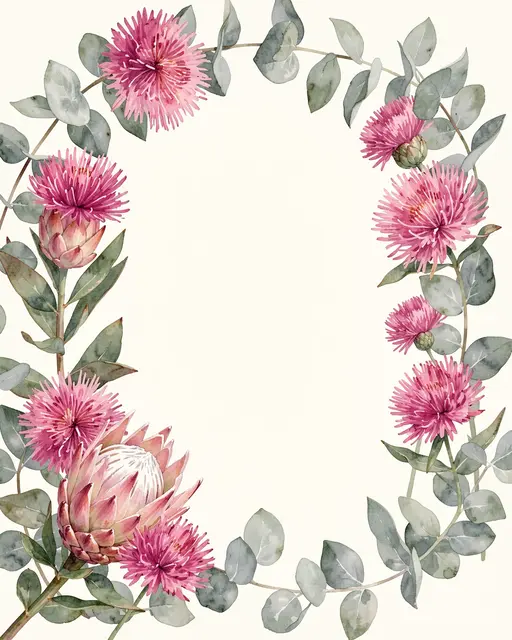 Watercolor floral wreath frame of pink protea, pincushion flowers and silver eucalyptus around an empty off-white center