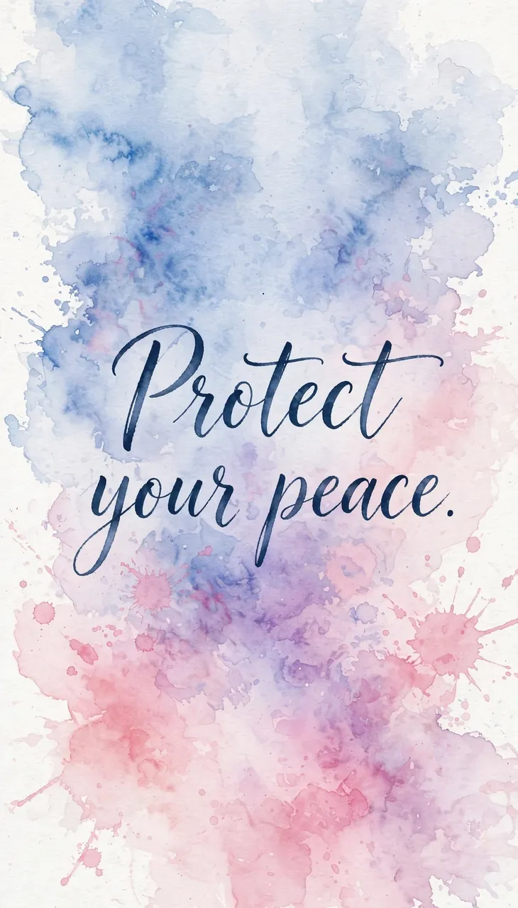 Calligraphy reading "Protect your peace." over soft blue and pink watercolor washes on a vertical phone wallpaper