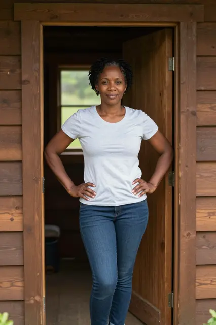 A Black woman in her forties stands with hands on hips in a wooden cabin doorway, smiling calmly at the camera.