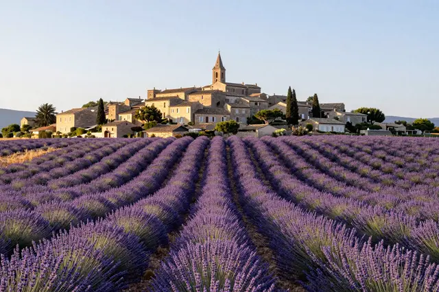 Rows of blooming lavender lead to a stone hilltop village at soft golden dawn in Provence