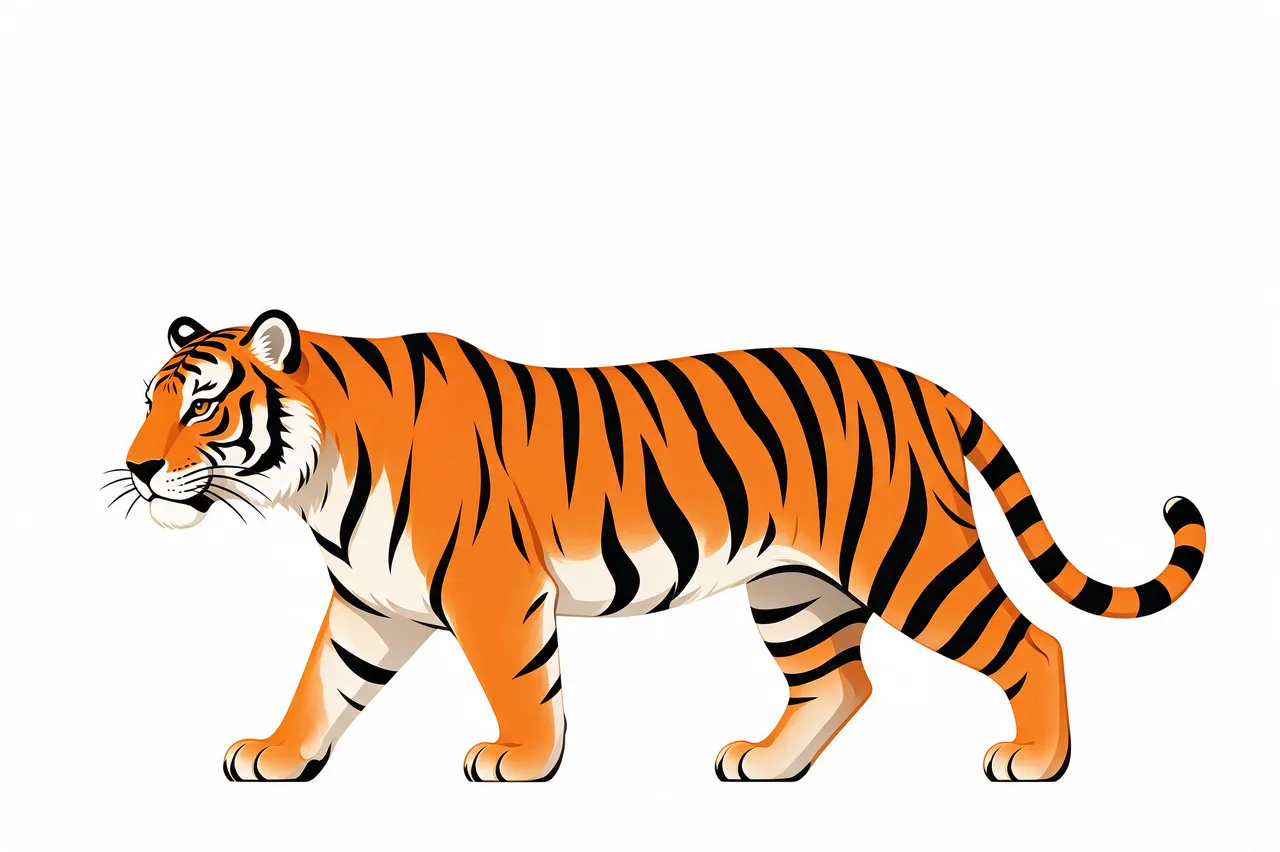 Side profile flat clipart of an orange striped tiger prowling, isolated on a plain white background