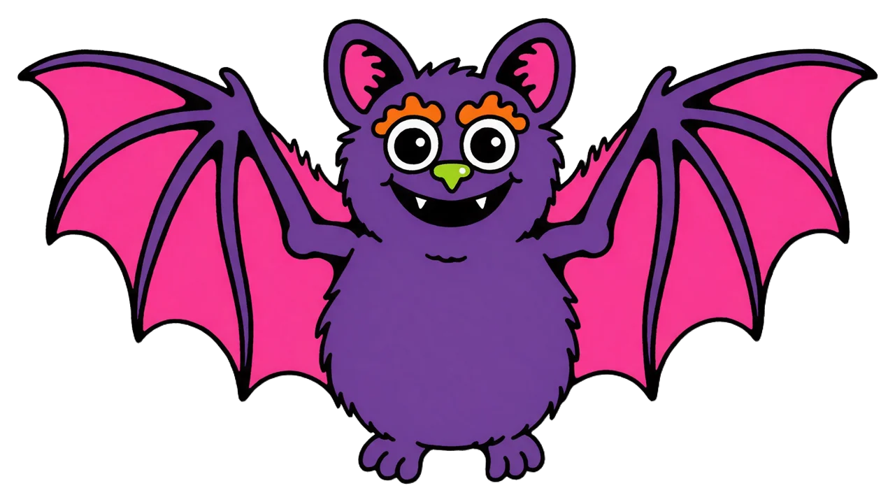 A plump purple cartoon bat with spread wings, pink inner ears, and a grinning fanged smile