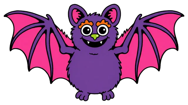 A plump purple cartoon bat with spread wings, pink inner ears, and a grinning fanged smile