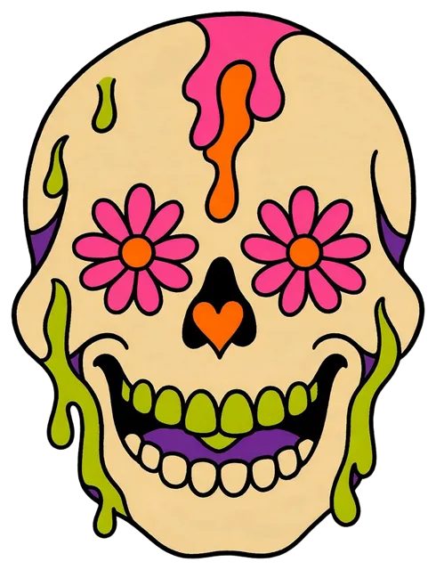 Smiling 1970s psychedelic skull with pink daisies for eyes and an orange heart nose