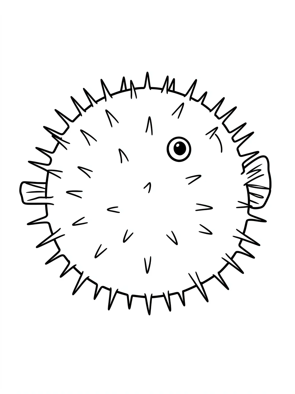Bold black and white line drawing of a puffed spiny pufferfish on a plain white background