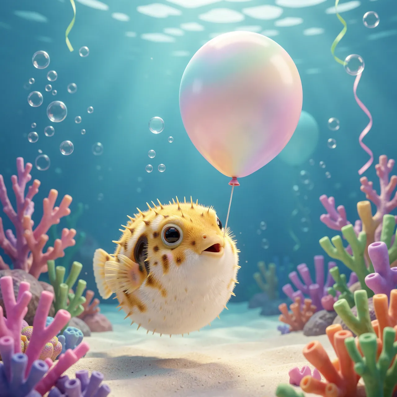 Cute round pufferfish holds a pastel iridescent balloon at an underwater coral party.