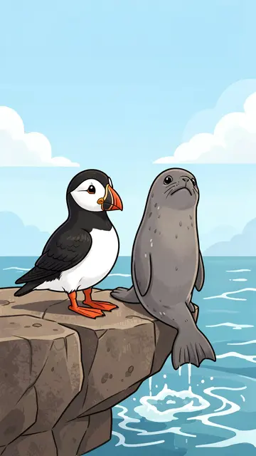 Cartoon illustration of a puffin and a harbor seal sitting side by side on a coastal rock above the ocean under a soft blue