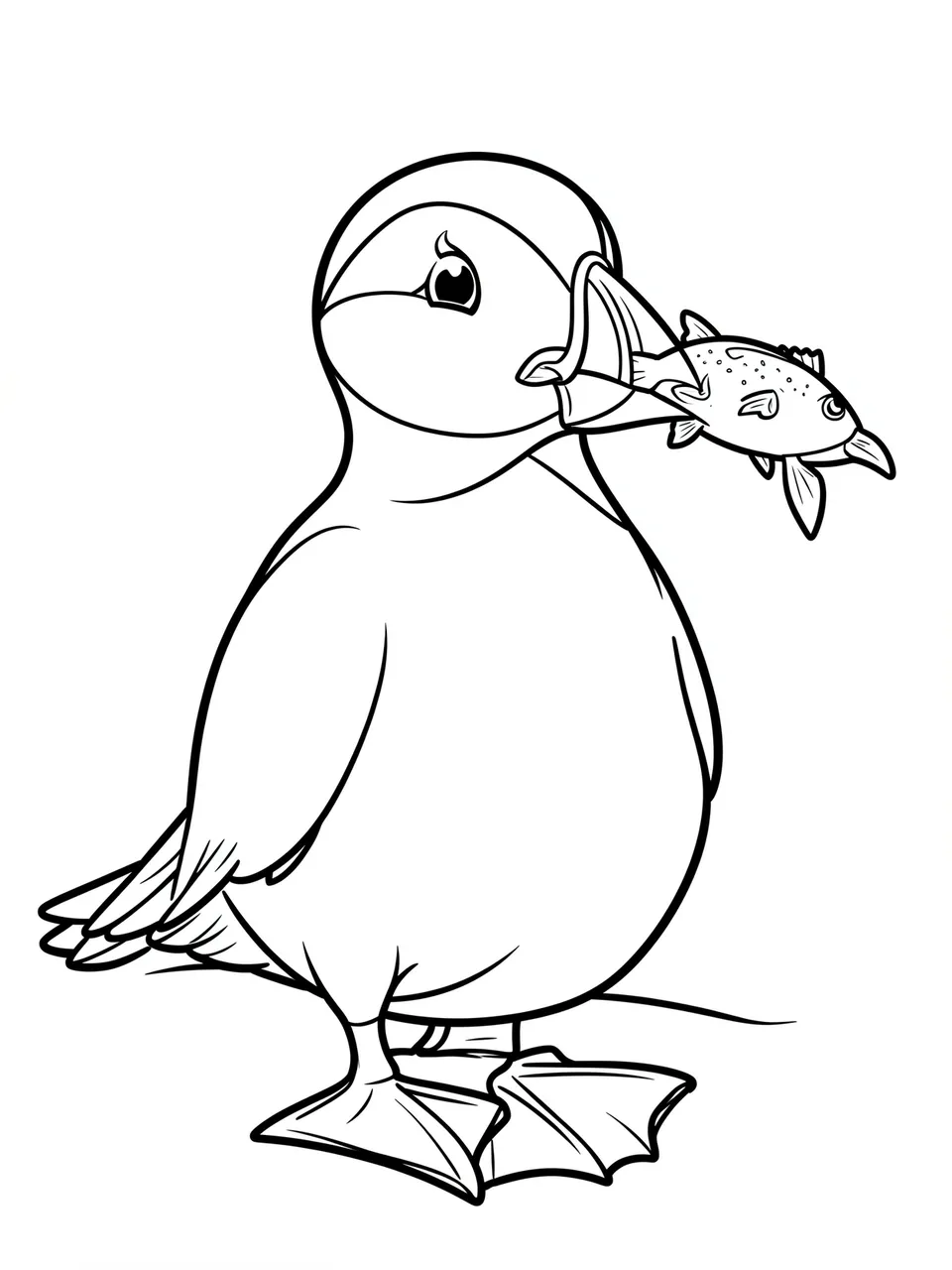 Bold black and white line art of a puffin holding a fish, designed as a coloring page.