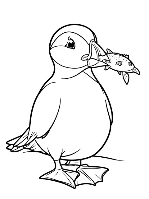 Bold black and white line art of a puffin holding a fish, designed as a coloring page.