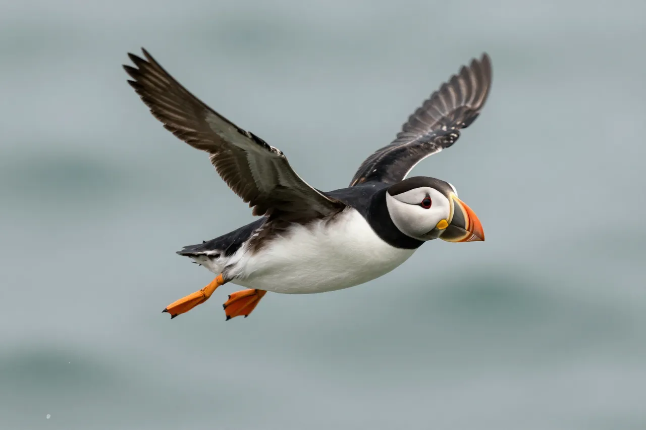 An Atlantic puffin flies with outstretched wings low above a blurred gray-green sea