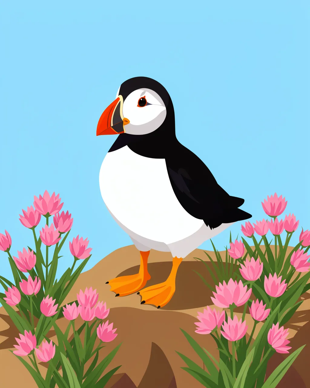 A flat vector puffin stands on a rocky clifftop surrounded by pink sea thrift under a light blue sky