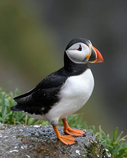 A close-up of an Atlantic puffin standing on a damp rocky ledge with rain droplets on its feathers
