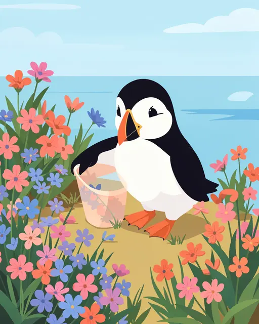 Cute puffin holds a small watering bucket beside coastal flowers on a sea cliff