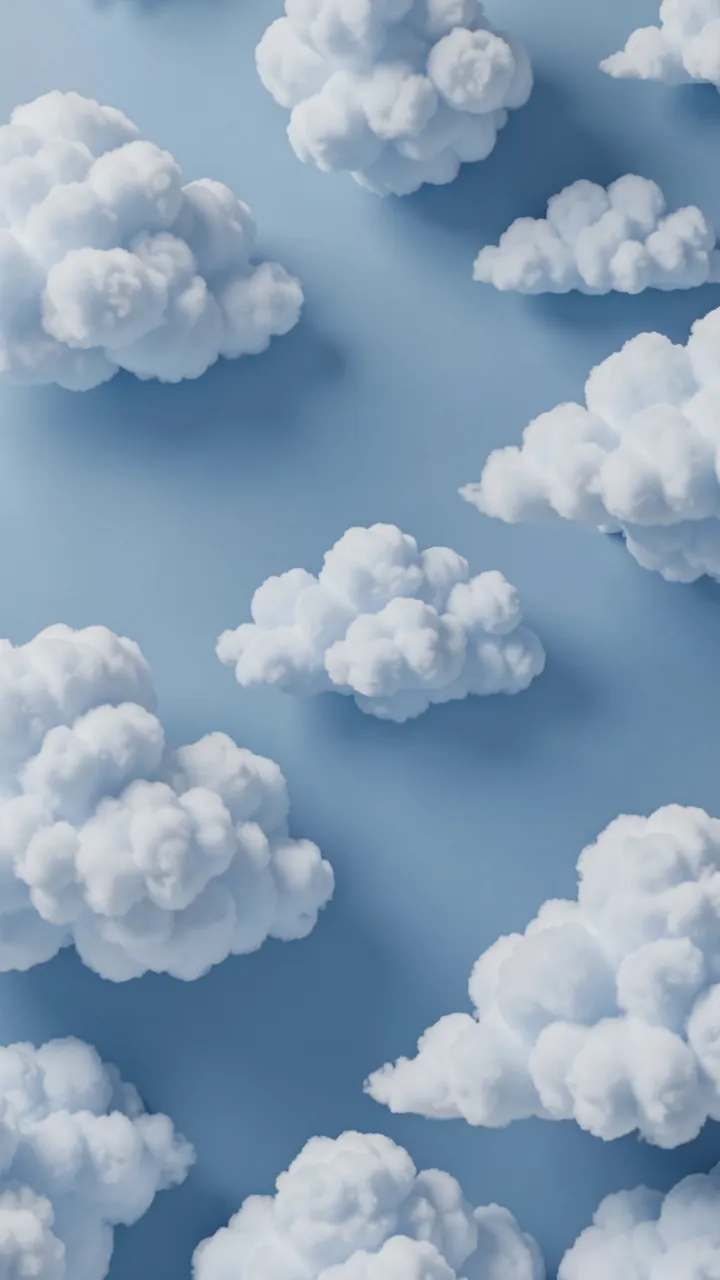 Voluminous plush 3D white clouds are scattered across a soft powder blue background