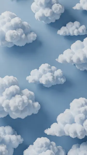 Voluminous plush 3D white clouds are scattered across a soft powder blue background