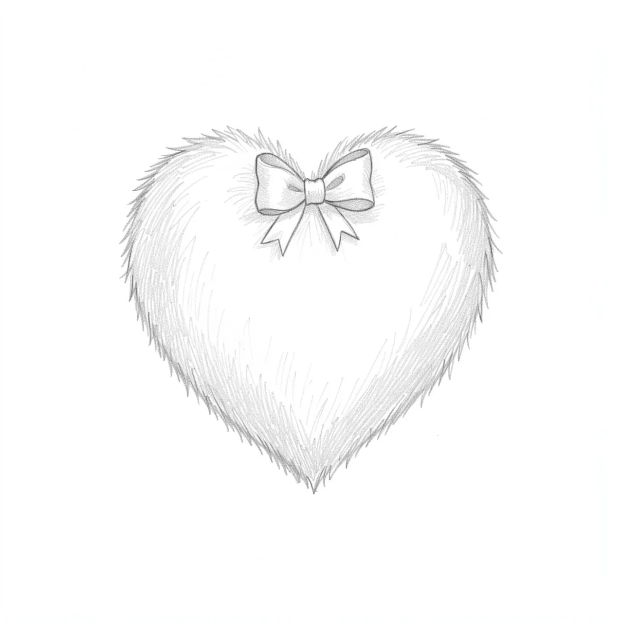 Light graphite pencil sketch of a fluffy puffy heart topped with a small ribbon bow on plain white paper
