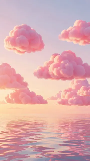 Fluffy pink clouds float above a rippling pastel sea during a soft warm sunset