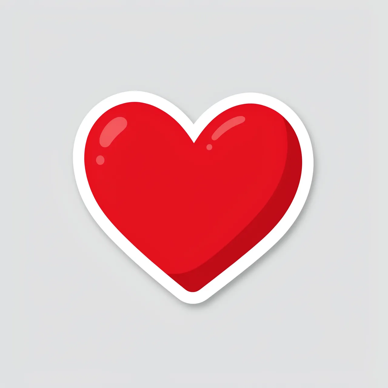 A glossy puffy red heart die-cut sticker with a thick white border on a light gray background