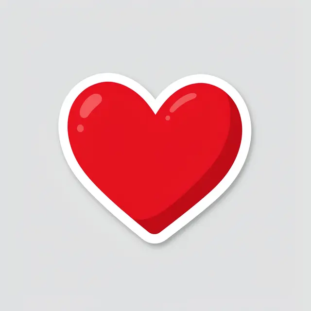 A glossy puffy red heart die-cut sticker with a thick white border on a light gray background