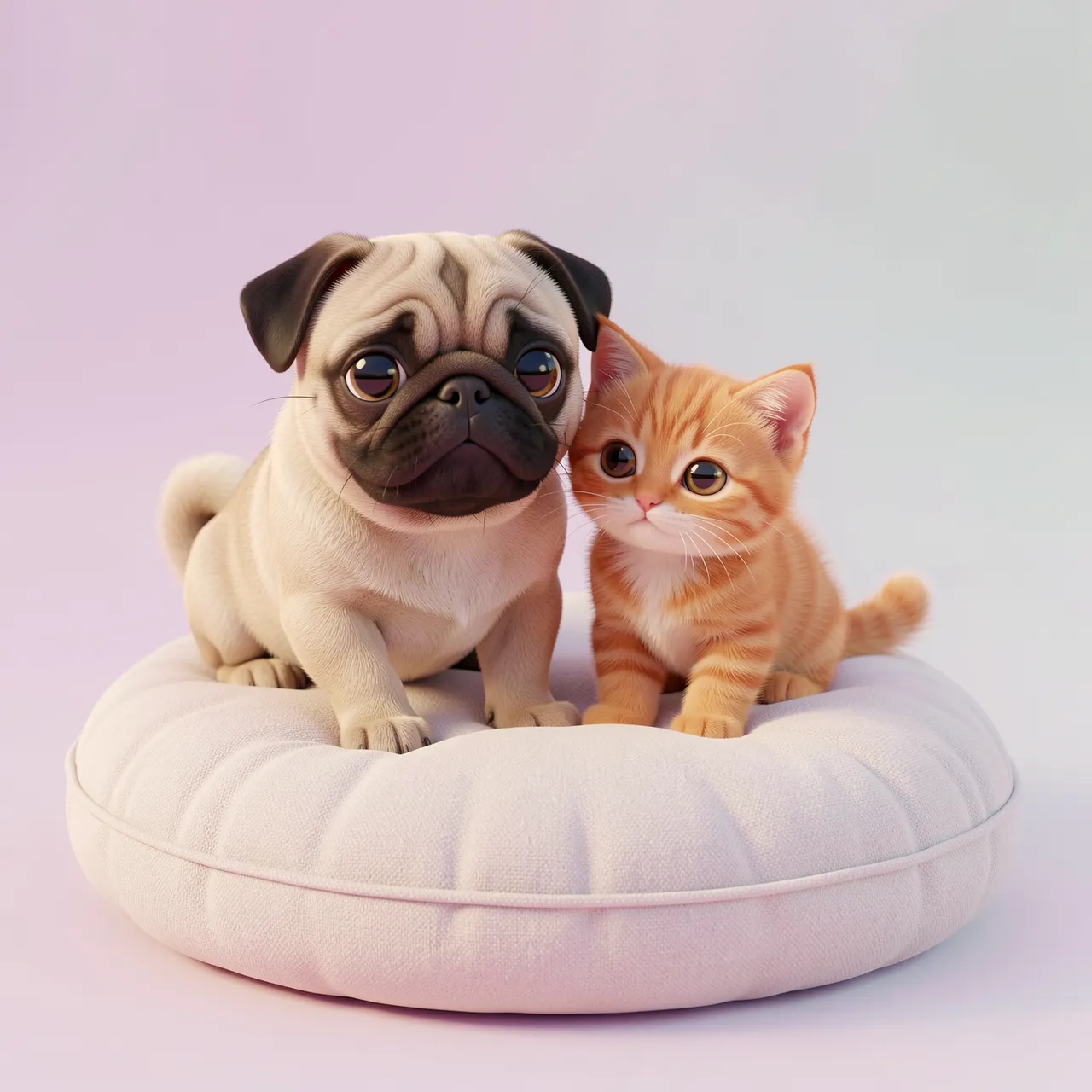 A cute 3D pug puppy and ginger tabby kitten sit side by side on a soft round cushion against a pastel gradient background.