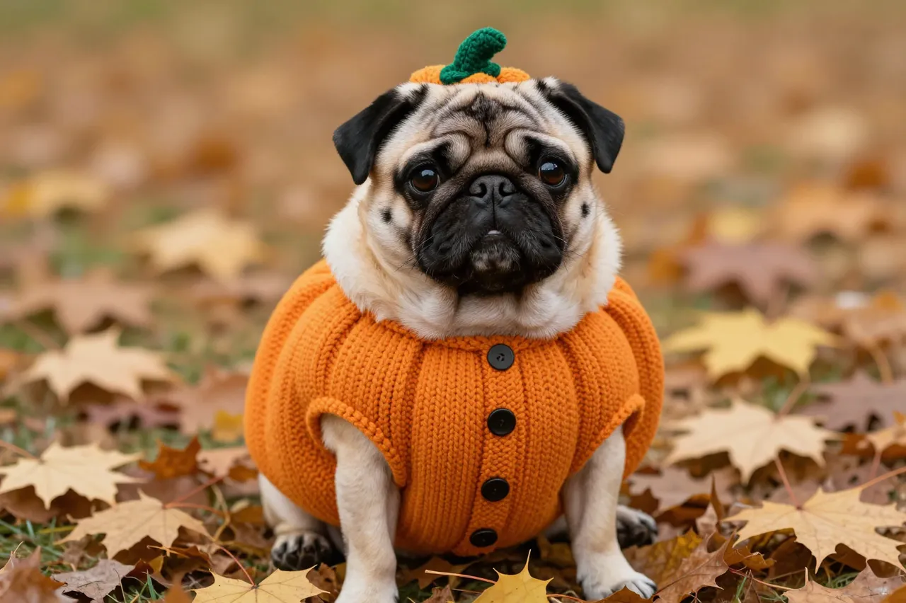A pug dog sits wearing an orange knitted pumpkin costume atop scattered autumn leaves