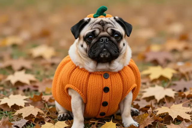 A pug dog sits wearing an orange knitted pumpkin costume atop scattered autumn leaves
