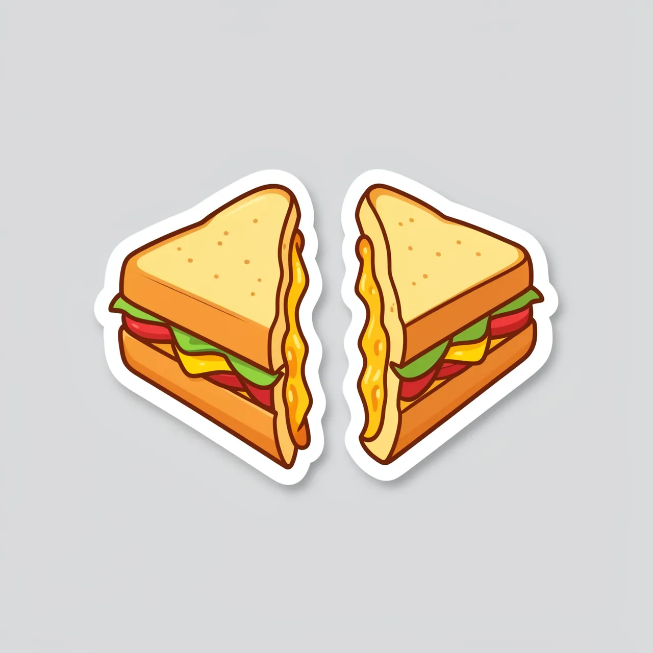 Die-cut sticker illustration of a pulled apart grilled cheese sandwich on a light gray background
