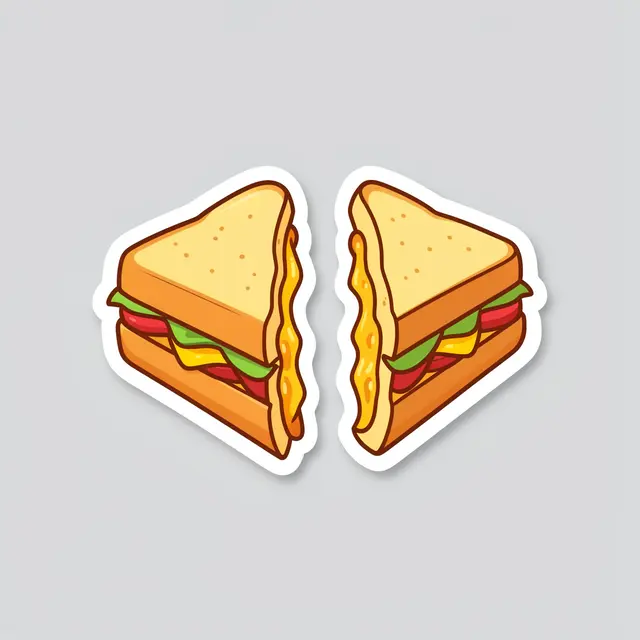 Die-cut sticker illustration of a pulled apart grilled cheese sandwich on a light gray background