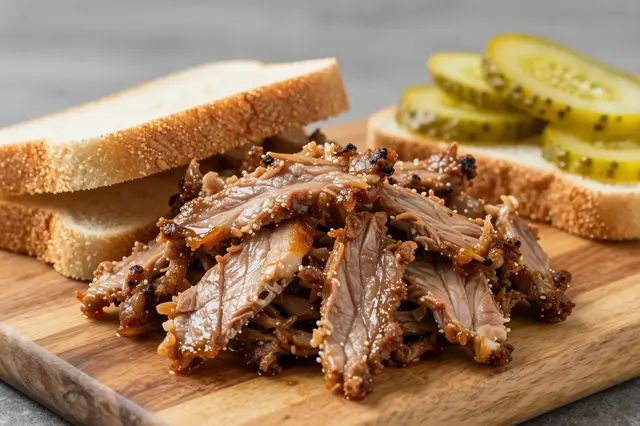 Barbecue pulled pork, sliced pickles and white bread rest on a wooden serving board