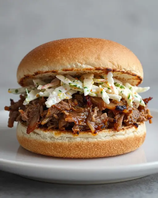 A stacked pulled pork sandwich with creamy coleslaw sits on a plain white ceramic plate.