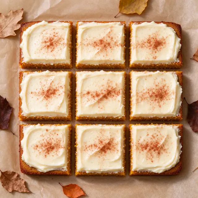 Overhead view of square pumpkin bars with cream cheese frosting and cinnamon dusting arranged on parchment with scattered