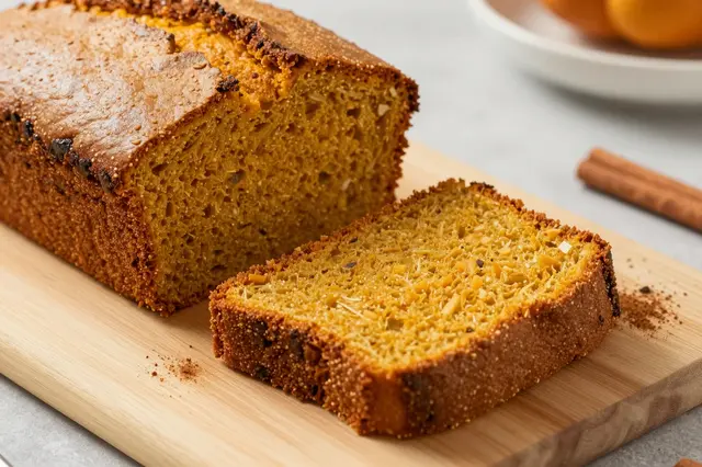 Sliced spiced pumpkin bread rests on a wooden cutting board with cinnamon sticks nearby