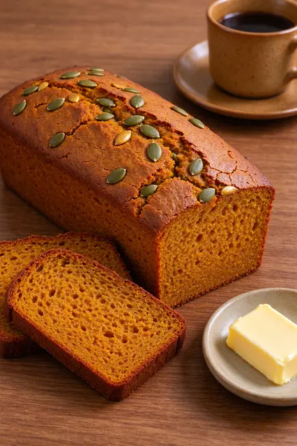 Loaf of crackled pumpkin bread with pepitas, sliced, beside butter and a coffee cup on wood