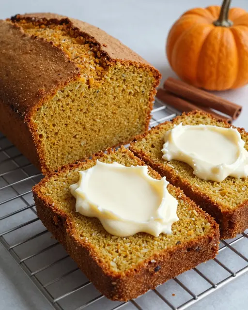 Sliced pumpkin bread topped with cream cheese sits on a metal wire rack with the full loaf, cinnamon sticks and a mini