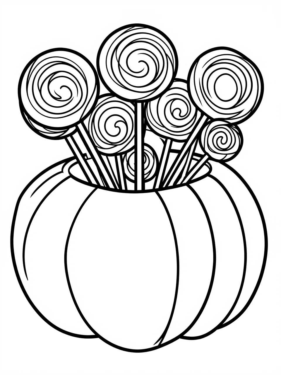 Black and white bold line art of a pumpkin candy bucket filled with swirled lollipops on a plain white background