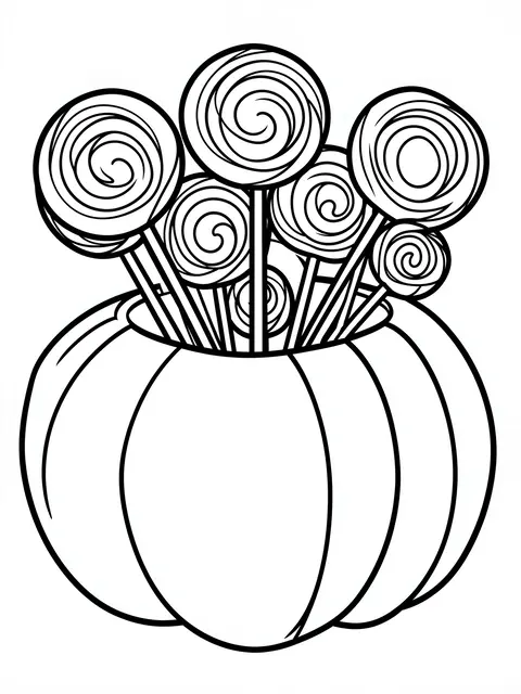 Black and white bold line art of a pumpkin candy bucket filled with swirled lollipops on a plain white background