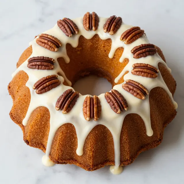Overhead view of a glazed pumpkin bundt cake topped with pecans resting on a light marble countertop