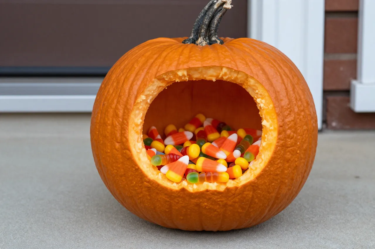A hollowed pumpkin filled with Halloween candy sits on a residential front porch step.