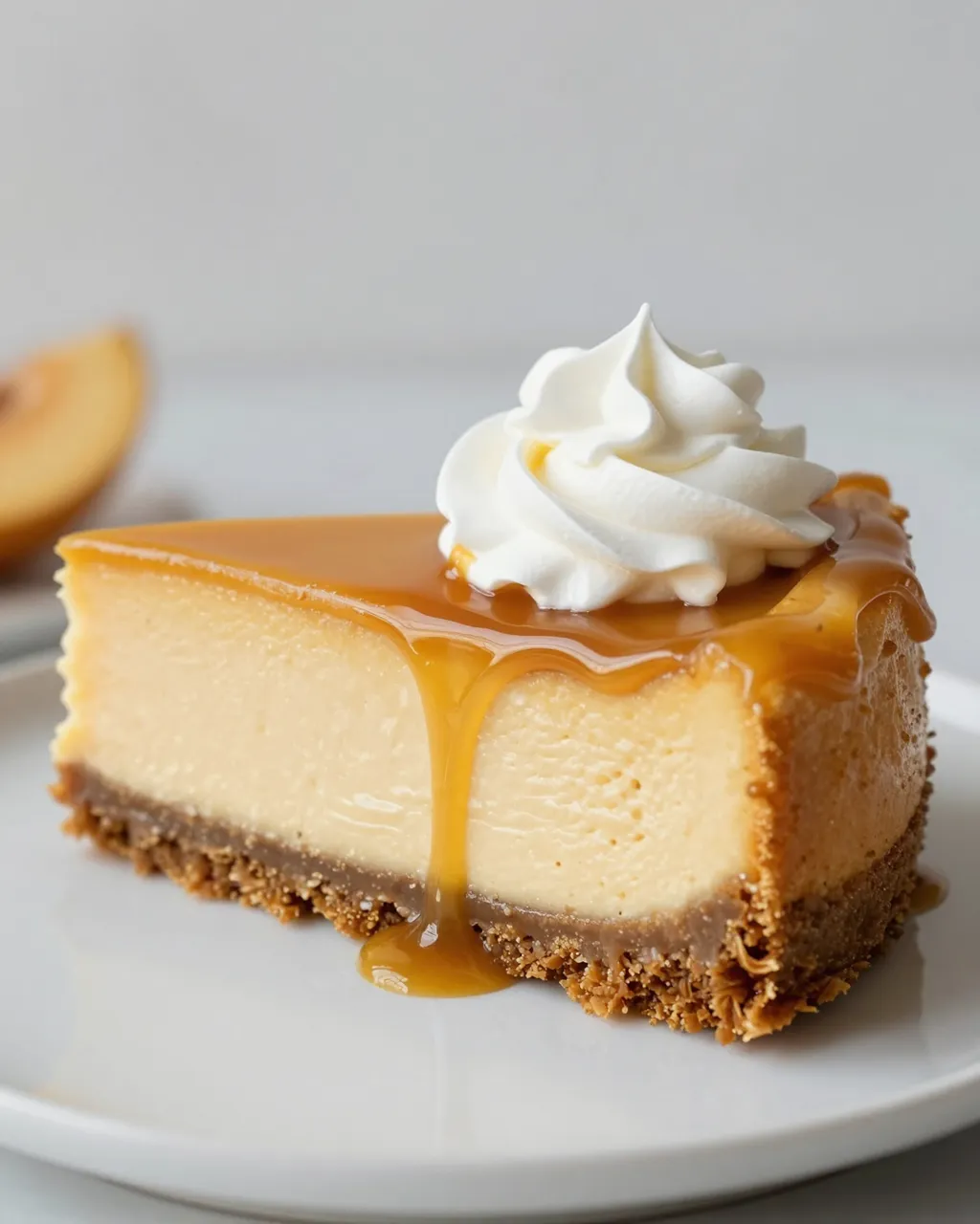 Slice of pumpkin cheesecake with caramel drizzle and whipped cream served on a white plate